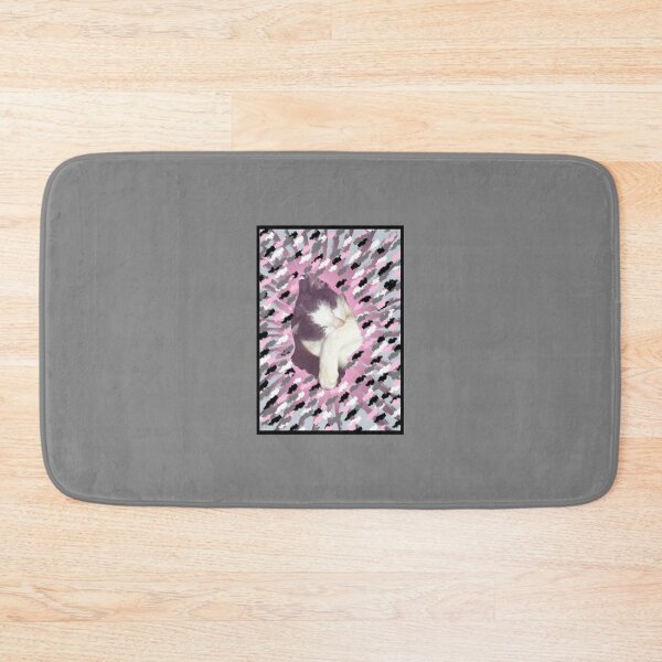 Item preview, Grey and white cat attempting camouflage for a nap time, in a blanket which has pink, black white and grey colours  designed and sold by AnnaBBS.