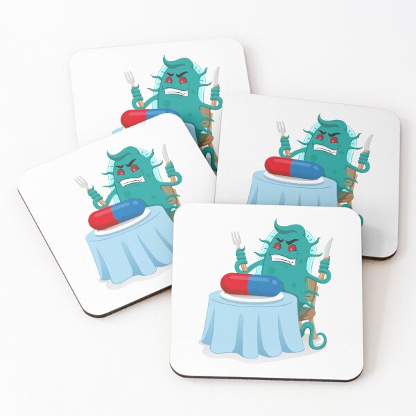 Item preview, Cartoon representation of a super bacterium a microorganism, sitting at the table feeding the medicine or antibiotic and resistant ending designed and sold by LucianoCosmo.