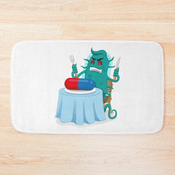 Item preview, Cartoon representation of a super bacterium a microorganism, sitting at the table feeding the medicine or antibiotic and resistant ending designed and sold by LucianoCosmo.