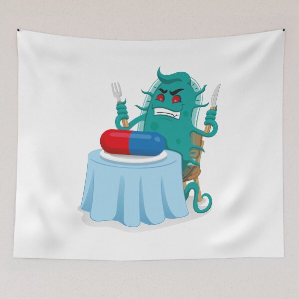 Item preview, Cartoon representation of a super bacterium a microorganism, sitting at the table feeding the medicine or antibiotic and resistant ending designed and sold by LucianoCosmo.