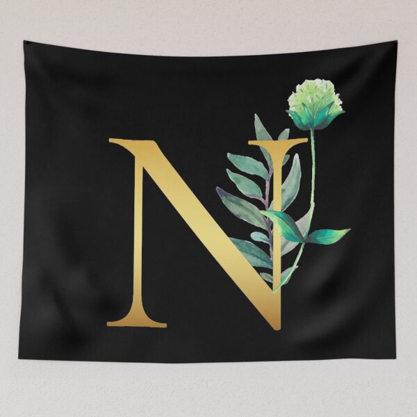 Item preview, Floral Gold Monogram N - Letter Art Black designed and sold by MysticMagpie.