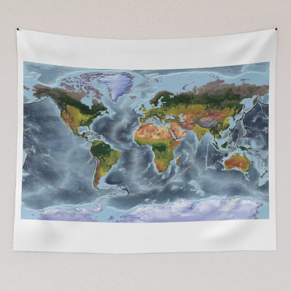 Item preview, Miller Cylindrical - World Relief Map showing land and oceans designed and sold by ThinkAboutMaps.