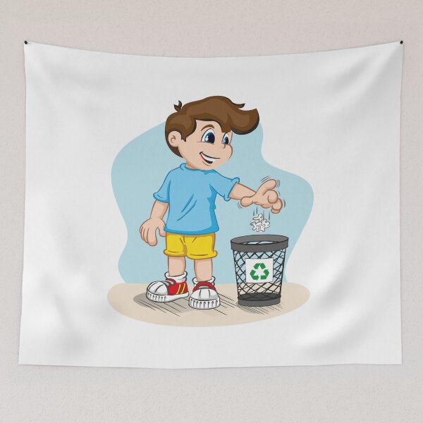 Item preview, Illustration of boy person throwing trash into recycle bin, recycling trash designed and sold by LucianoCosmo.
