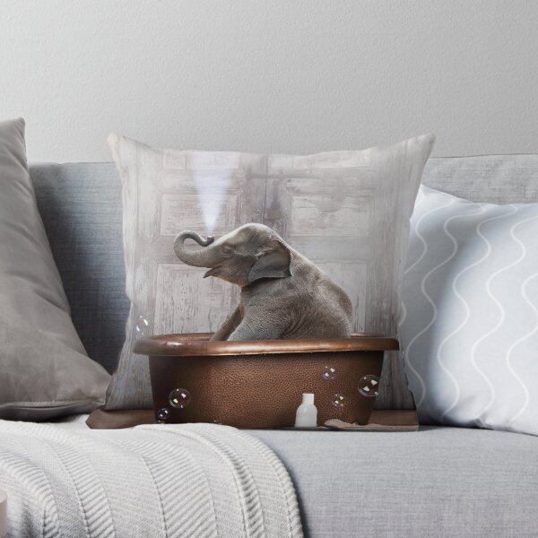 Elephant in Bathtub Throw Pillow