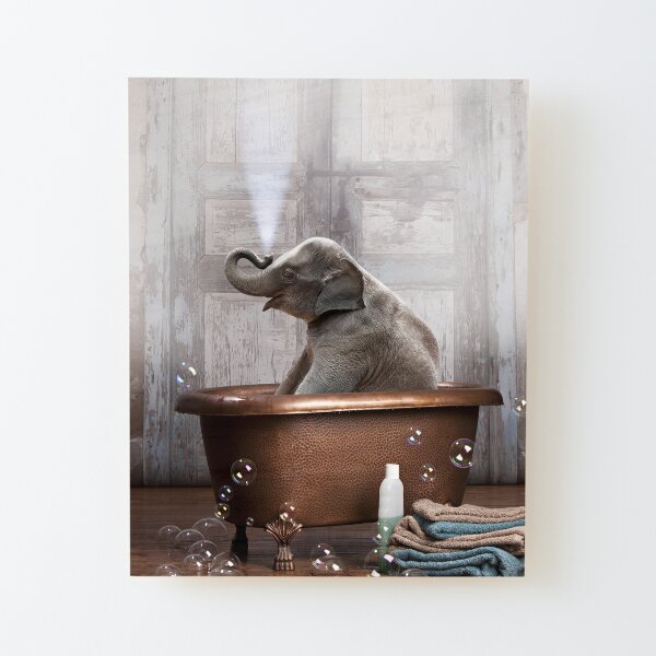 Elephant in Bathtub Wood Mounted Print