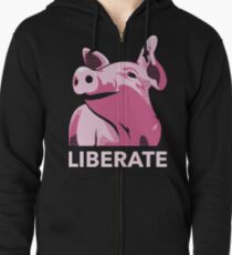 Liberate (Pig, No Background, Electric Pink) Zipped Hoodie