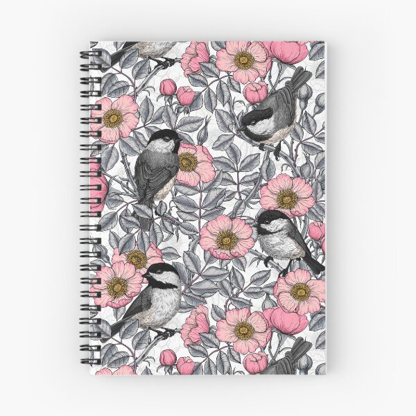 Item preview, Chickadees in the wild rose, pink and gray designed and sold by Katerina Mitkova Kirilova.
