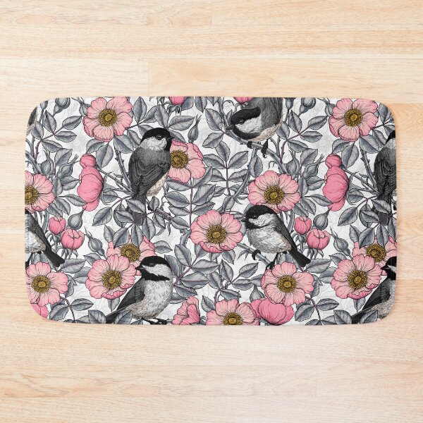 Item preview, Chickadees in the wild rose, pink and gray designed and sold by Katerina Mitkova Kirilova.