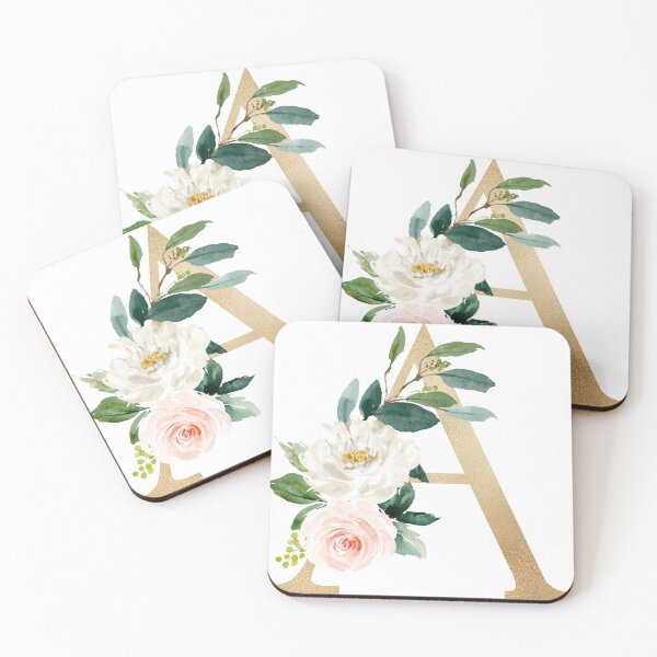 Item preview, Letter A Monogram - Faux gold foil and pink and white flowers and green leaves designed and sold by Citronelladesig.