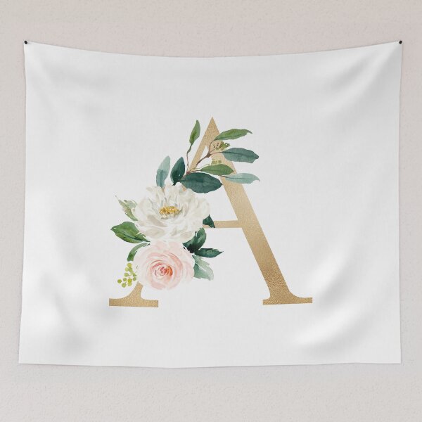 Artikelvorschau, Monogramm des Buchstabens A – Kunstgoldfolie, rosa und weiße Blumen und grüne Blätter entworfen und verkauft von Citronelladesig.