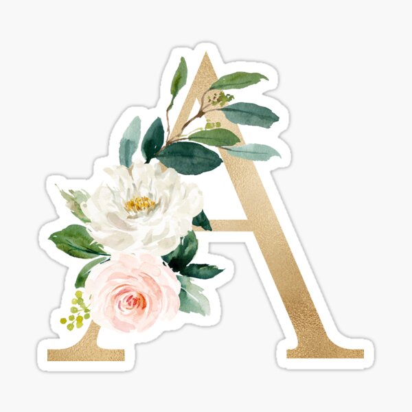 Letter A Monogram - Faux gold foil and pink and white flowers and green leaves Sticker