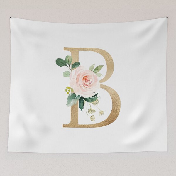 Item preview, Letter B Monogram - Faux gold foil and pink and white flowers and green leaves designed and sold by Citronelladesig.