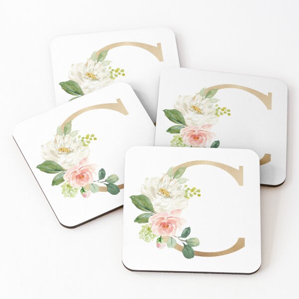 Item preview, Letter C Monogram - Faux gold foil and pink and white flowers and green leaves designed and sold by Citronelladesig.