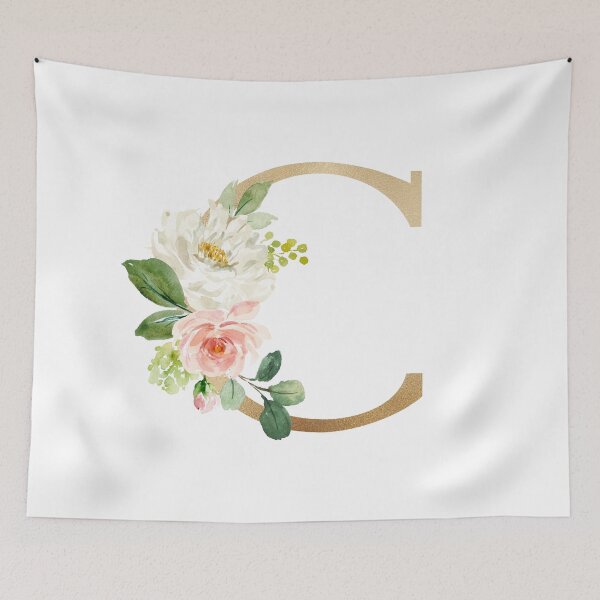 Artikelvorschau, Monogramm des Buchstabens C – Kunstgoldfolie, rosa und weiße Blumen und grüne Blätter entworfen und verkauft von Citronelladesig.