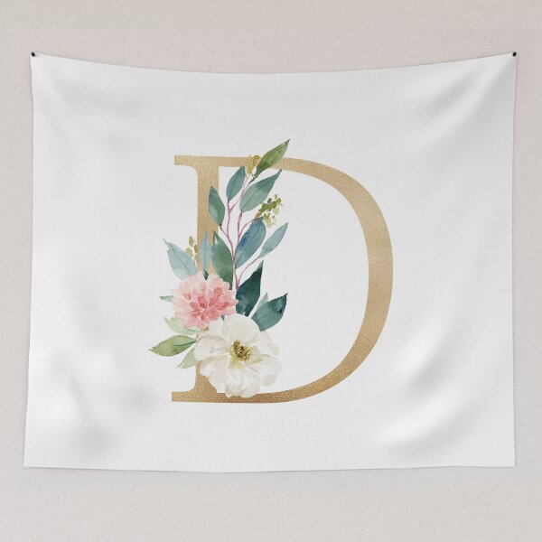 Item preview, Letter D Monogram - Faux gold foil and pink and white flowers and green leaves designed and sold by Citronelladesig.