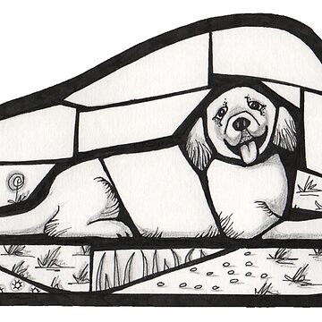 Artwork thumbnail, Golden Retriever in black and white mosaic style illustration by Muna Zuberi