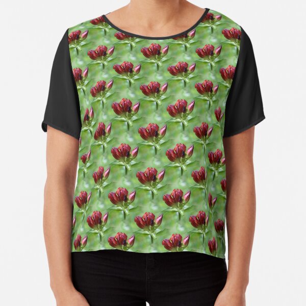 Red Gentian Flower Pattern Chiffon Top