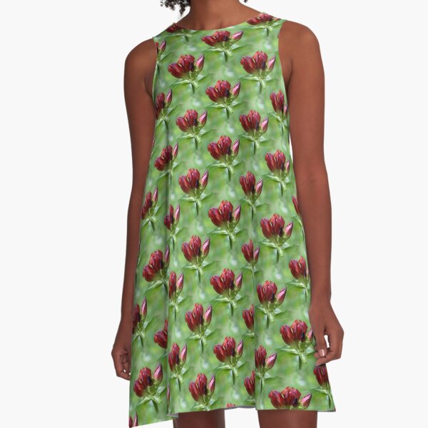 Red Gentian Flower Pattern A-Line Dress