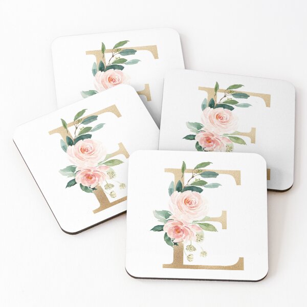 Item preview, Letter E Monogram - Faux gold foil and pink and white flowers and green leaves designed and sold by Citronelladesig.