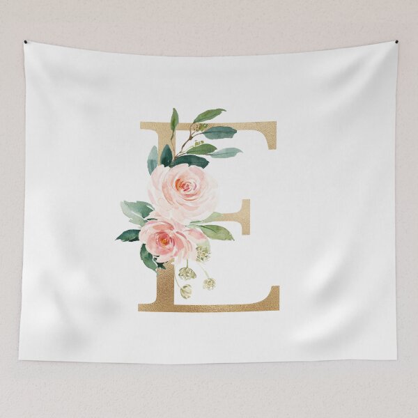 Artikelvorschau, Monogramm des Buchstabens E – Kunstgoldfolie, rosa und weiße Blumen und grüne Blätter entworfen und verkauft von Citronelladesig.
