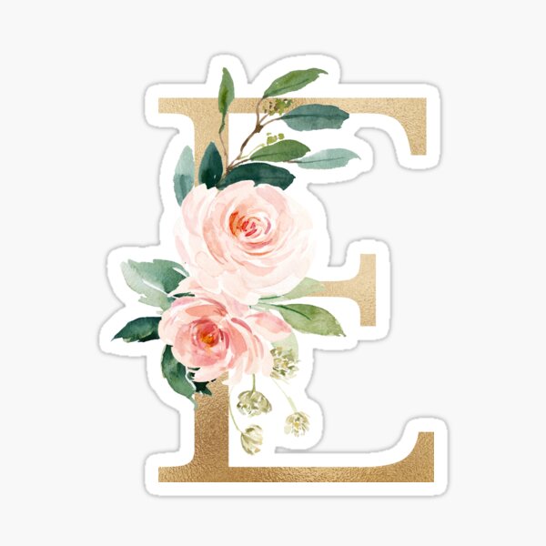Letter E Monogram - Faux gold foil and pink and white flowers and green leaves Sticker