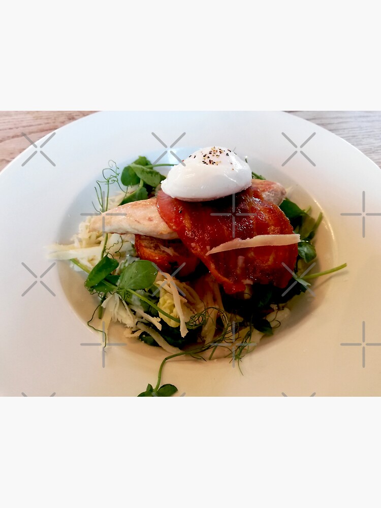 White plate with healthy food, chicken breast, arugula, bacon, cabbage, watercress, egg on top by CWartDesign