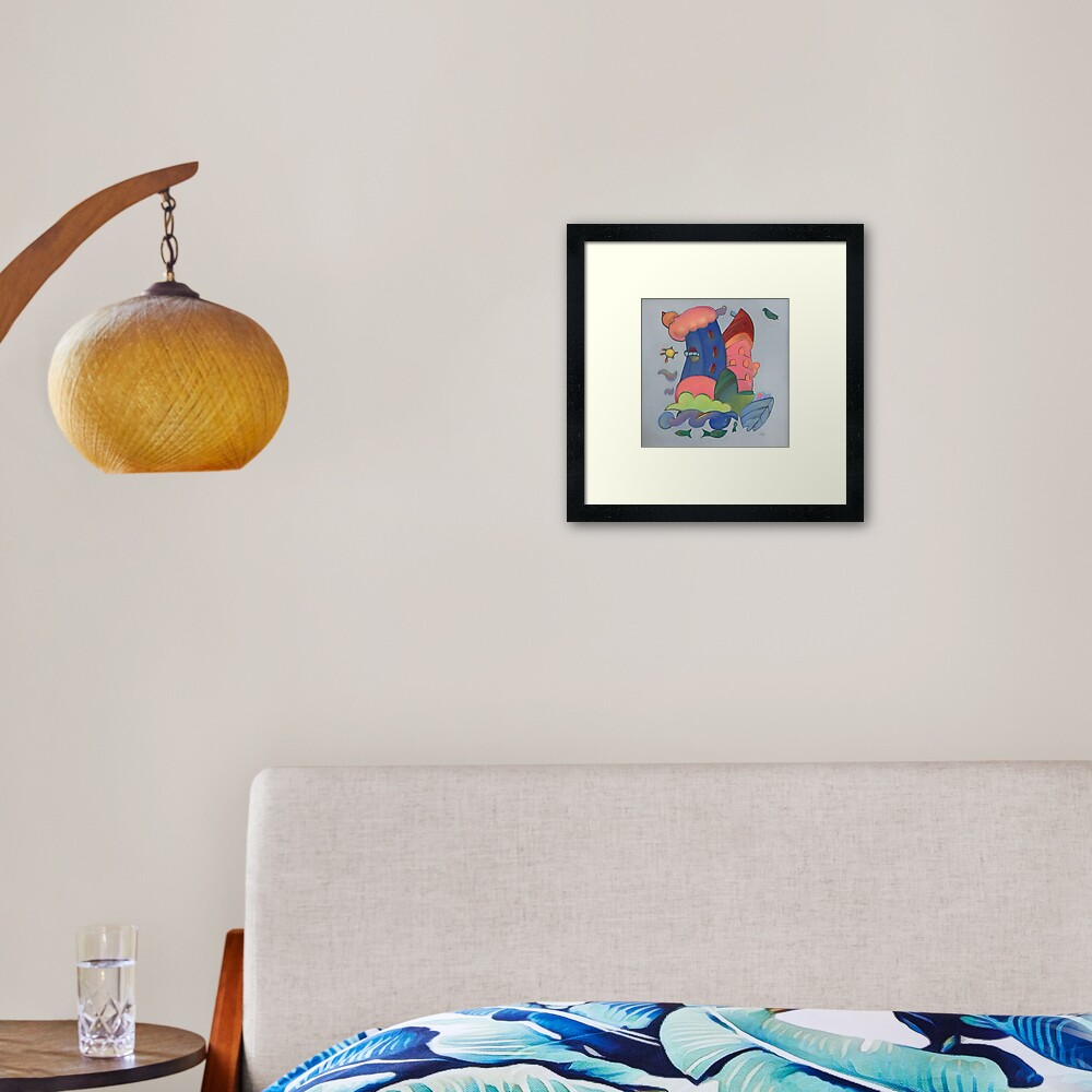 French blue village tower by the sea Framed Art Print