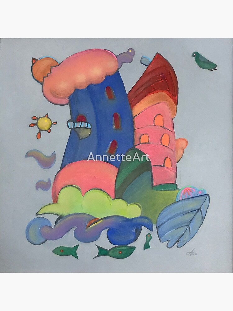 French blue village tower by the sea by AnnetteArt