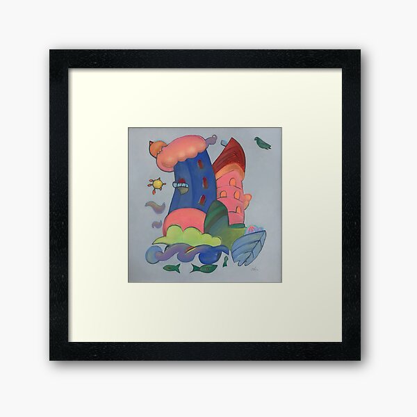 French blue village tower by the sea Framed Art Print