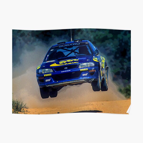 Resumen de Colin McRae saltando en su Impreza STI World Rally Car Póster