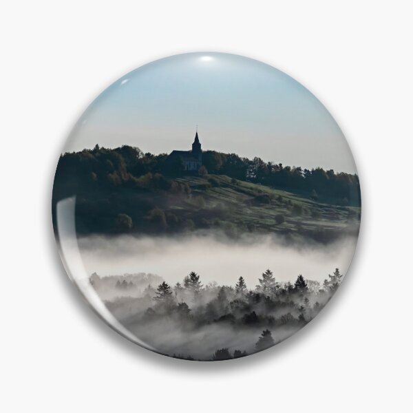 Item preview, Church on the hill and beautiful white fog with sun rays, Alsace, France. sunrise designed and sold by Alexander Sorokopud.