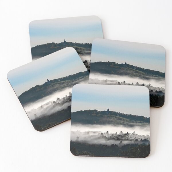 Item preview, Church on the hill and beautiful white fog with sun rays, Alsace, France. sunrise designed and sold by Alexander Sorokopud.