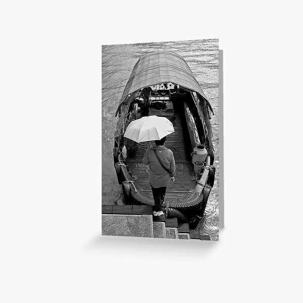lady, umbrella, boat. Greeting Card