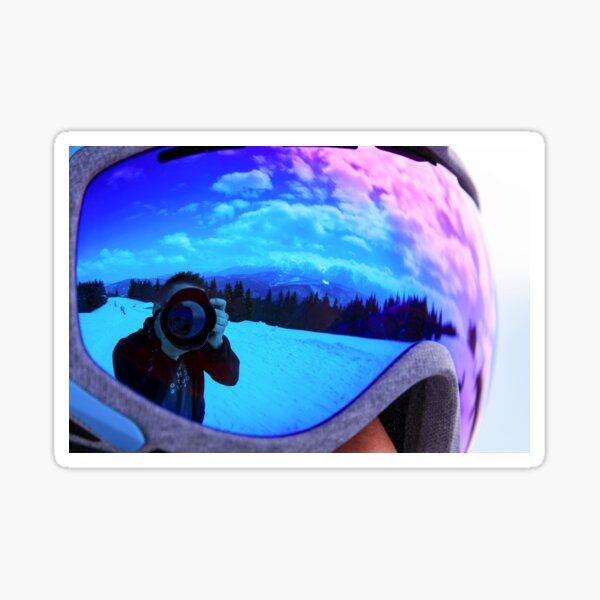 Photographer taking photo with dslr camera reflected in violet googgles Sticker