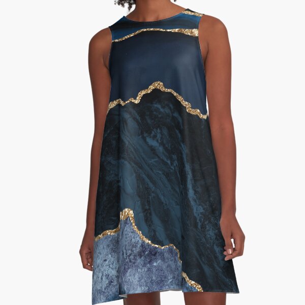 Abstract Blue, Gold Modern Geode Design A-Line Dress