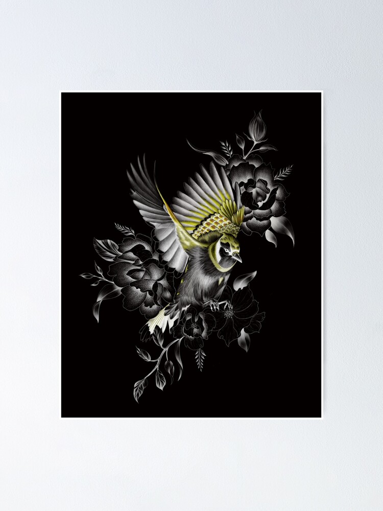 Blue Jay Flying Away with Flowers Design | Poster