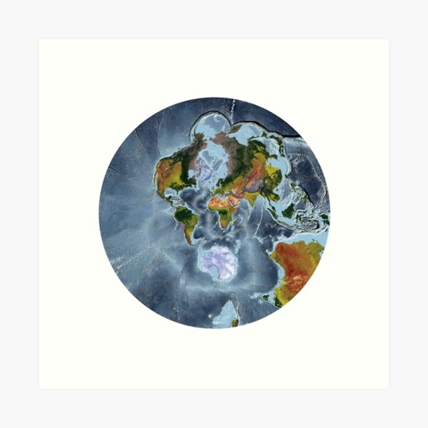 Vista previa del artículo con la obra «Proyección estereográfica: mapa mundial en relieve que muestra la tierra y los océanos», diseñado y vendido por ThinkAboutMaps.