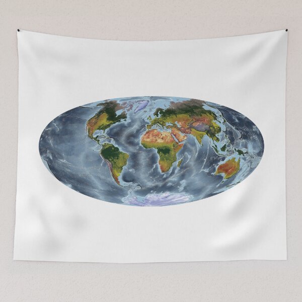 Item preview, Aitoff projection - World Relief Map showing land and oceans designed and sold by ThinkAboutMaps.