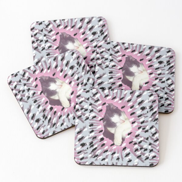 Item preview, Grey and white cat attempting camouflage for a nap time, in a blanket which has pink, black white and grey colours  designed and sold by AnnaBBS.