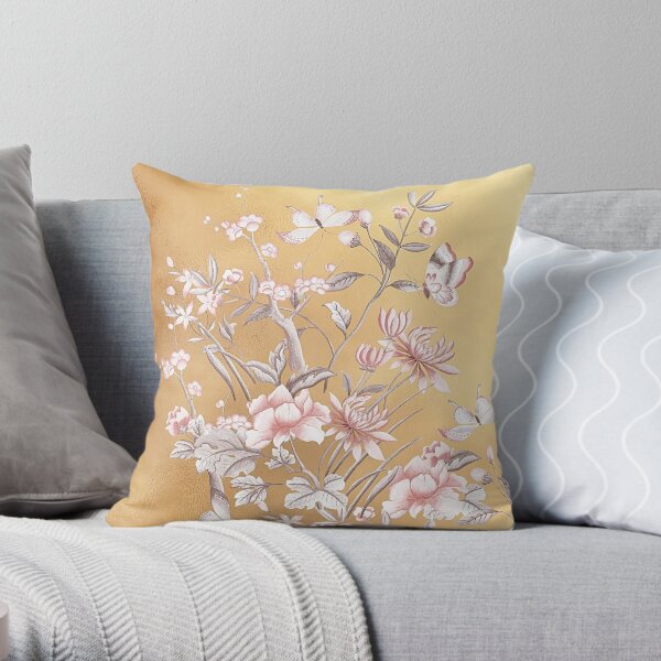 Chinoiserie Gold Floral Butterflies Throw Pillow