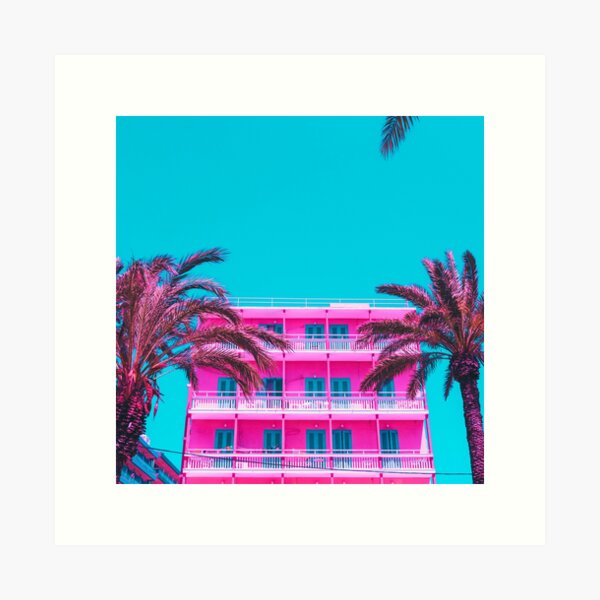 pink hotel and palm trees. Art Print