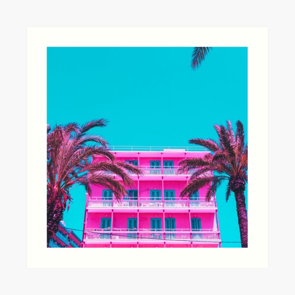 pink hotel and palm trees. Art Print