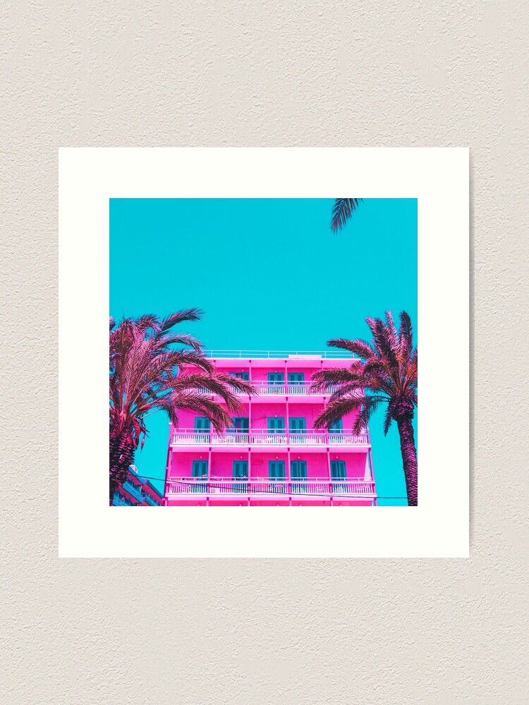 Alternate view of pink hotel and palm trees. Art Print