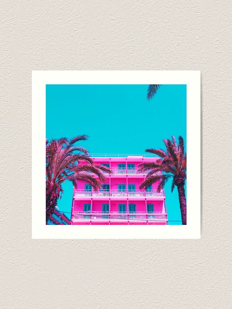 Alternate view of pink hotel and palm trees. Art Print