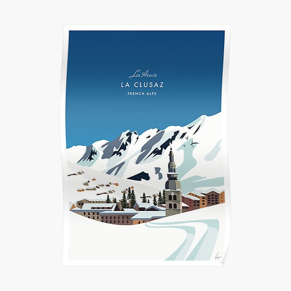 La Clusaz - Alpes franceses - Cartel de diseño plano. Póster