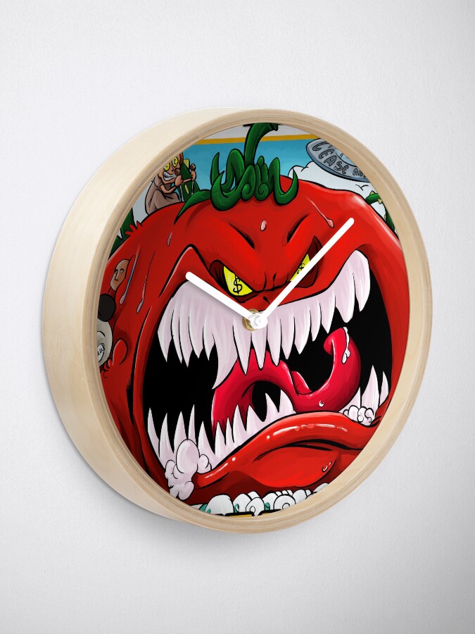 "Attack of the Rotten Tomato" Clock for Sale by Mansemat Redbubble