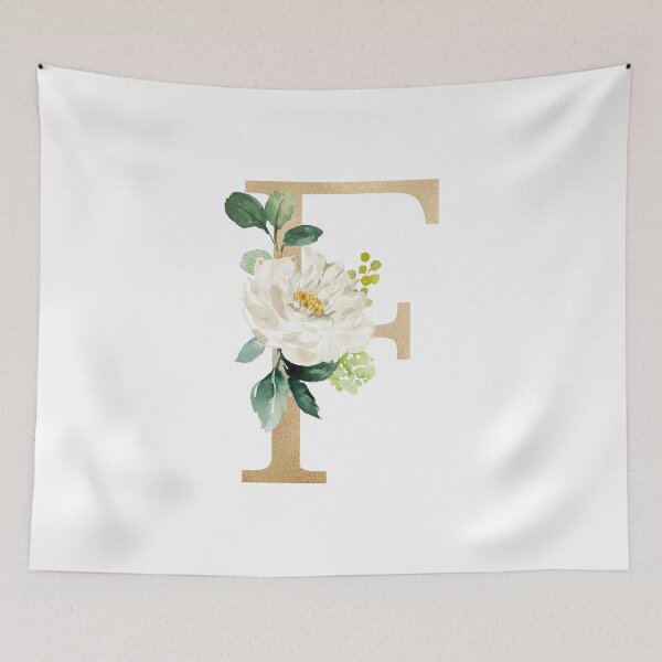 Item preview, Monogram letter F - Faux gold foil and pink and white flowers and green leaves designed and sold by Citronelladesig.