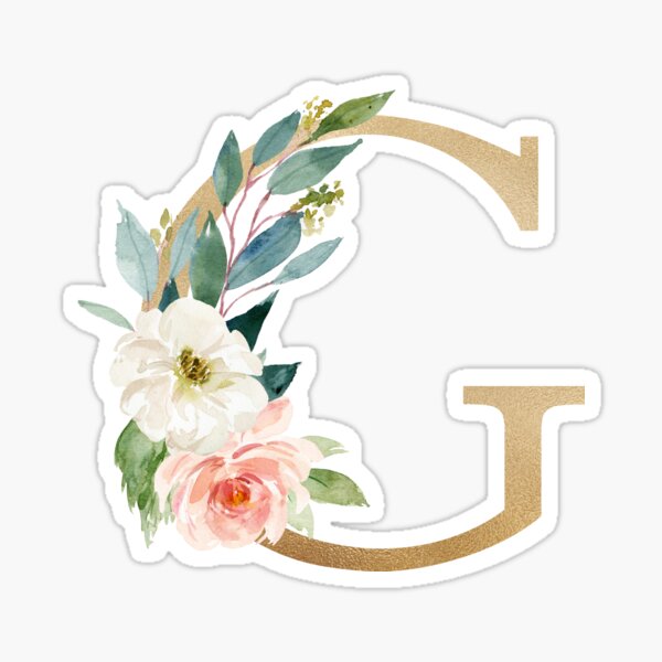 Monogram letter G - Faux gold foil and pink and white flowers and green leaves Sticker