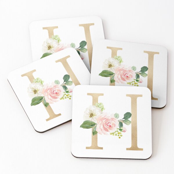 Item preview, Monogram letter H - Faux gold foil and pink and white flowers and green leaves designed and sold by Citronelladesig.