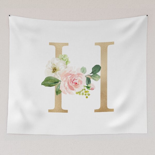 Item preview, Monogram letter H - Faux gold foil and pink and white flowers and green leaves designed and sold by Citronelladesig.